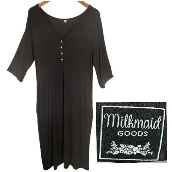 Milkmaid Goods Dress XL Solid Black Stretchy Comfy Mid Calf 3/4 Sleeves POCKETS - Picture 1 of 7